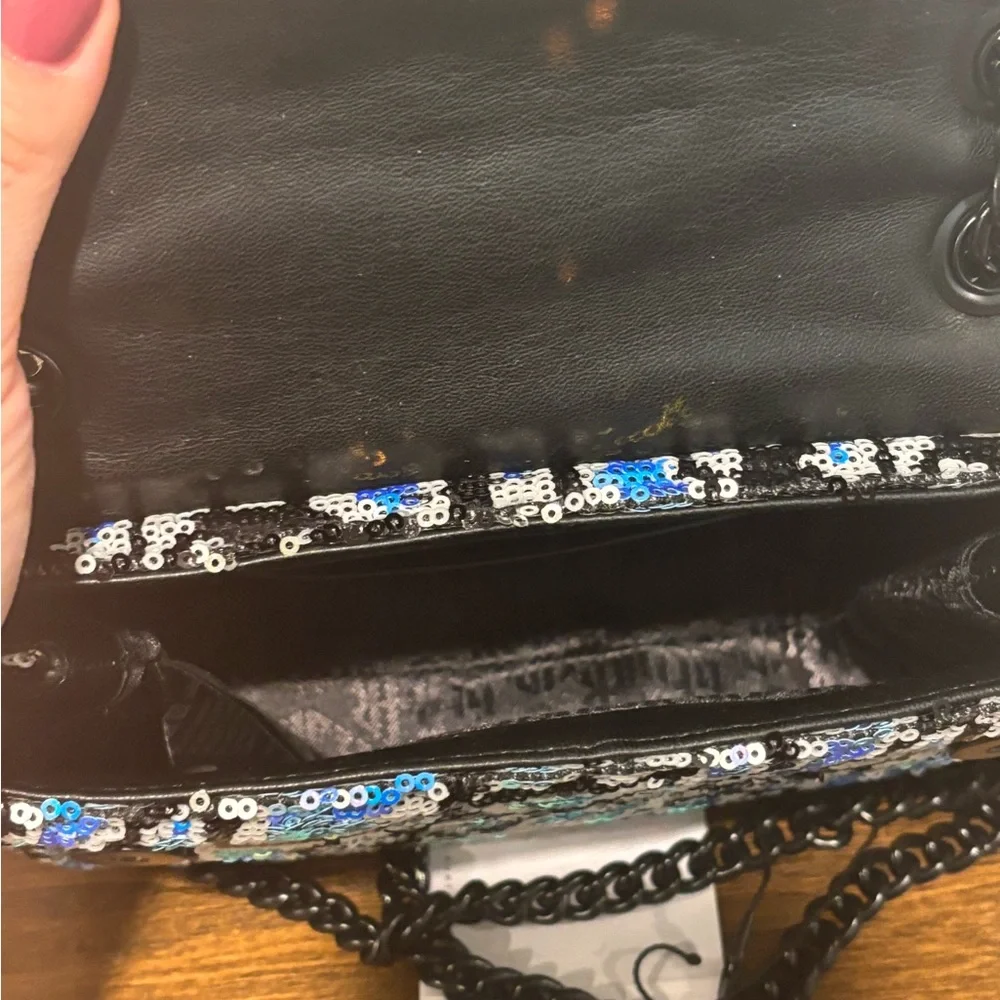 Kurt Geiger Blue & Purple Sequin Leopard Crossbody with Black Chain - Picture 6 of 8